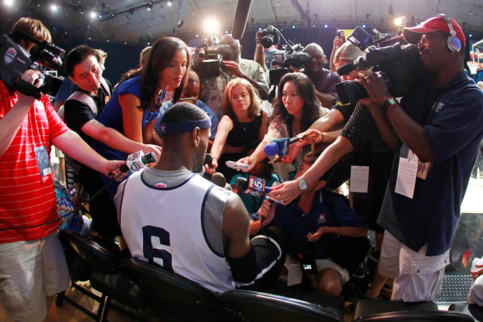 July 14, 2012; Washington, DC, USA; United States guard LeBron James (6) speaks with the media after USA team training at the DC Armory. Mandatory Credit: Geoff Burke-USA TODAY Sports